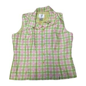 Vision Apparel 100% Silk Sleeveless Button Down Blouse Size 10‎ Pink Green Plaid